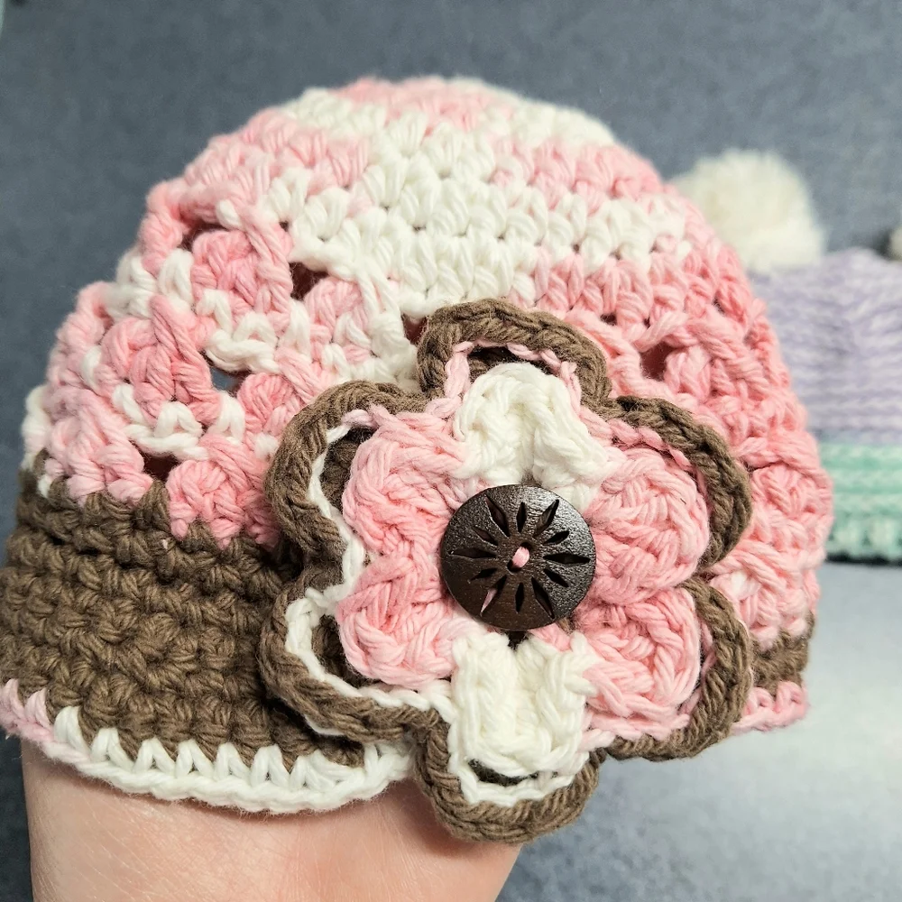 406 Yarn Creations Crocheted Cap & Two Pom Pom knit Hats 3-6 Months, NWOT